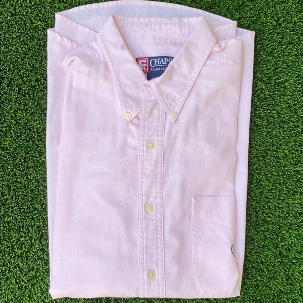 Chaps collared short sleeve button down pink shirt